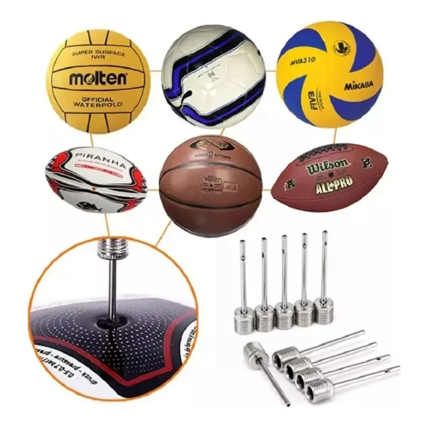 Set de 10 Agujas Metálicas para Inflar Balones (Rosca Estándar)