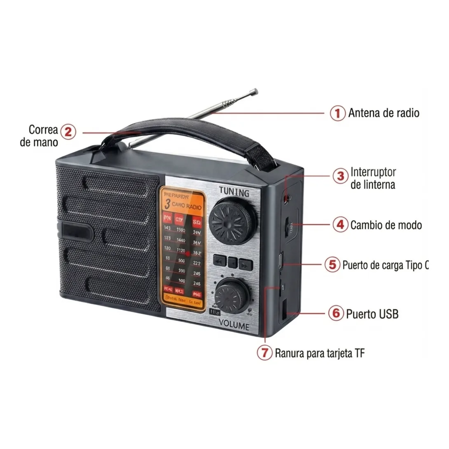 Radio Portátil Retro Multibanda con Bluetooth (AM/FM/SW + Linterna y USB-C)