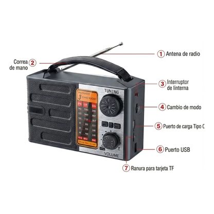 Radio Portátil Retro Multibanda con Bluetooth (AM/FM/SW + Linterna y USB-C)