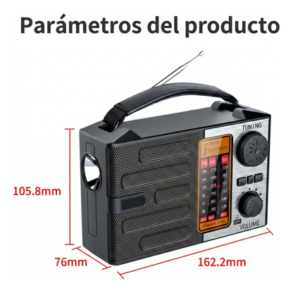 Radio Portátil Retro Multibanda con Bluetooth (AM/FM/SW + Linterna y USB-C)