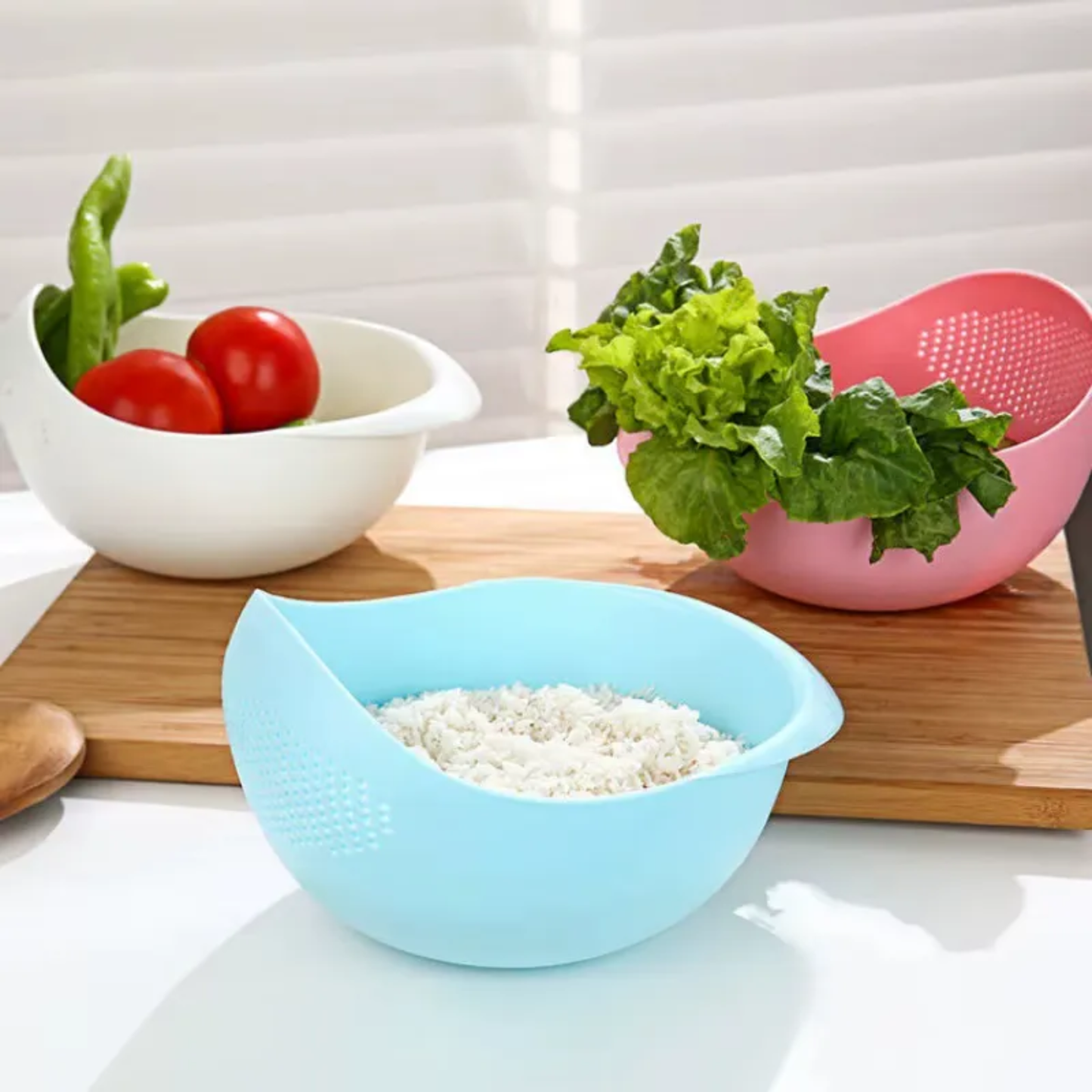 Cuenco Escurridor y Lavador de Alimentos con Asa (Arroz, Frutas y Verduras)