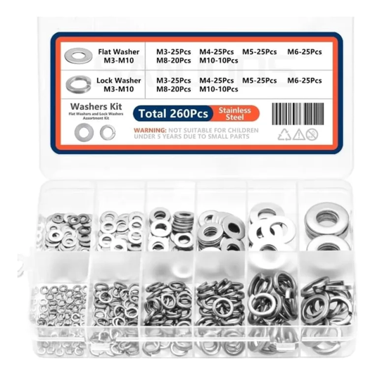 Set 260 Golillas de Acero Inoxidable (Planas y de Presión) con Caja