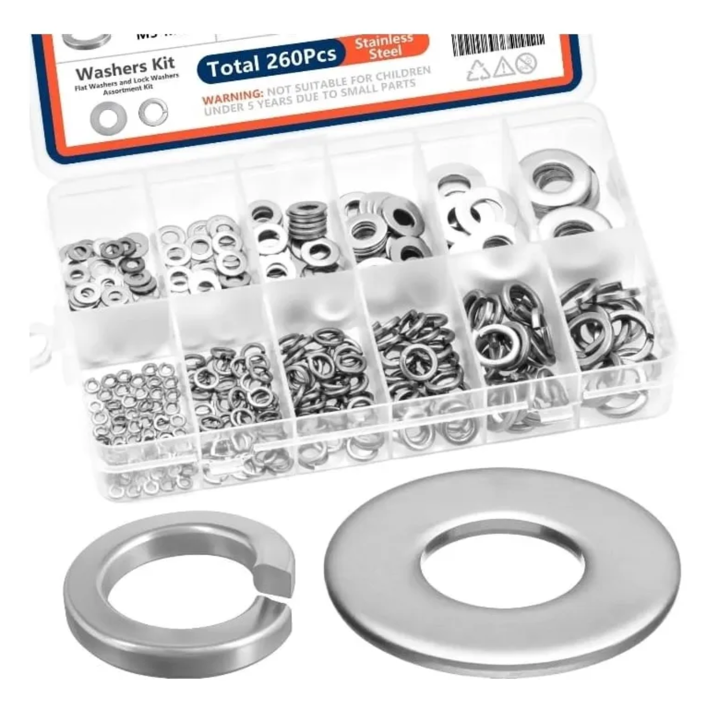 Set 260 Golillas de Acero Inoxidable (Planas y de Presión) con Caja