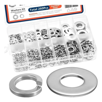 Set 260 Golillas de Acero Inoxidable (Planas y de Presión) con Caja