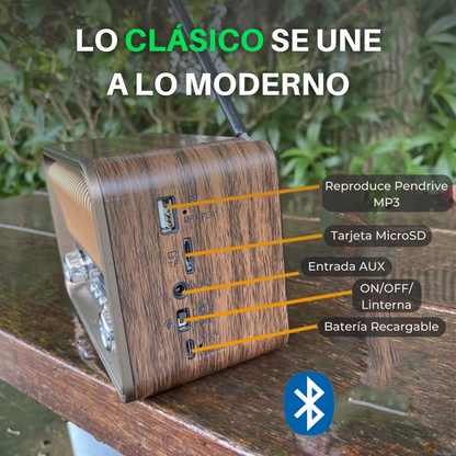 Radio Retro Vintage Bluetooth AM/FM/SW (Recargable + Linterna)