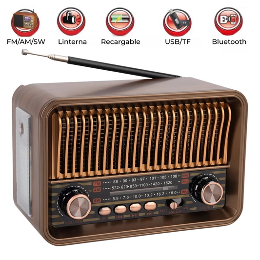 Radio Retro Vintage Bluetooth AM/FM/SW (Recargable + Linterna)